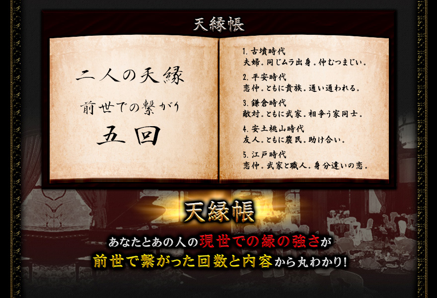 天縁帳 あなたとあの人の現世での縁の強さが前世で繋がった回数と内容から丸わかり! 天縁帳 あなたとあの人の現世での縁の強さが前世で繋がった回数と内容から丸わかり!
