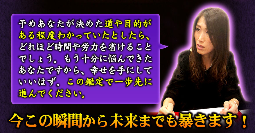 予めあなたが決めた道や目的がある程度わかっていたとしたら、どれほど時間や労力を省けることでしょう。もう十分に悩んできたあなたですから、幸せを手にしていいはず。この鑑定で一歩先に進んでください。 今この瞬間から未来までも暴きます!